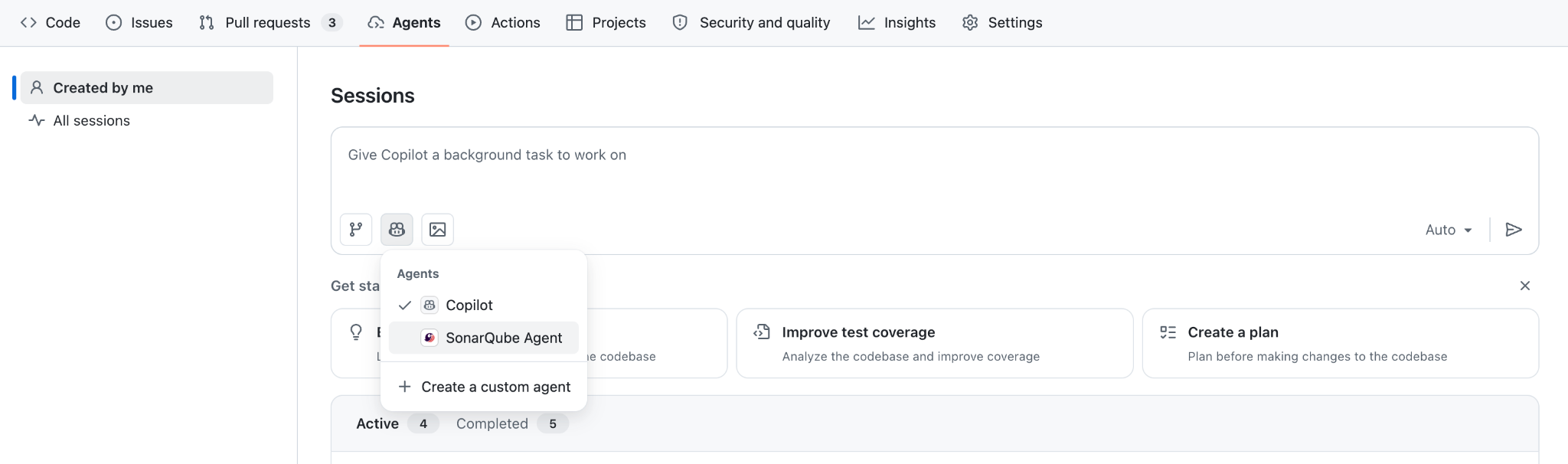 The Agents dropdown in a GitHub repository showing SonarQube Agent alongside Copilot.