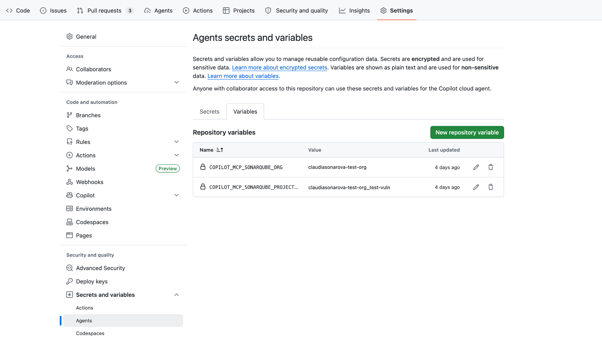 The Variables tab on the GitHub Agent secrets and variables page, showing COPILOT_MCP_SONARQUBE_ORG and COPILOT_MCP_SONARQUBE_PROJECT_KEY listed as repository variables.