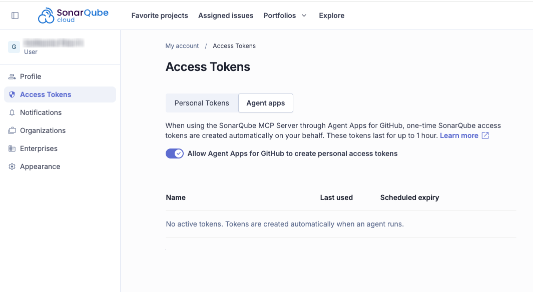The SonarQube Cloud Access tokens page, showing the Agent Apps tab with the 'Allow Agent Apps for GitHub to create personal access tokens' toggle highlighted.